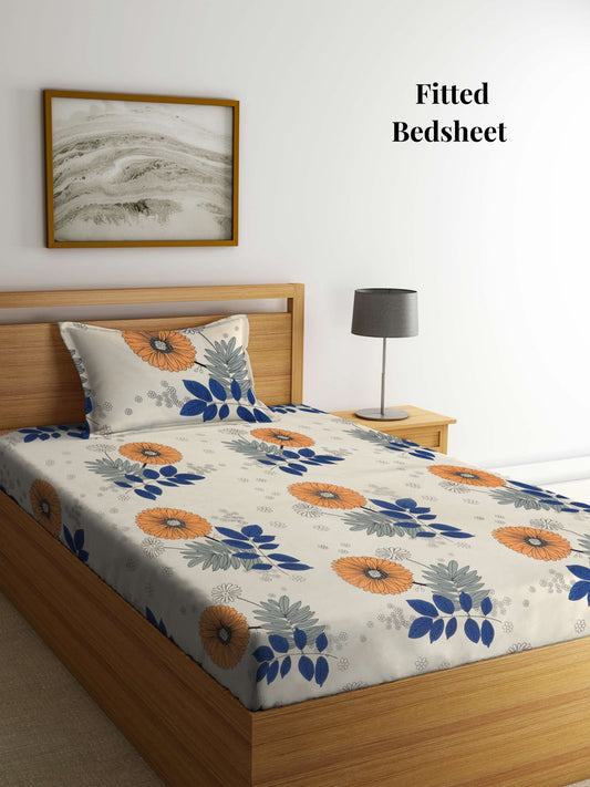 Arrabi Cream Floral TC Cotton Blend Single Size Fitted Bedsheet with 1 Pillow Cover (215 x 150 cm)