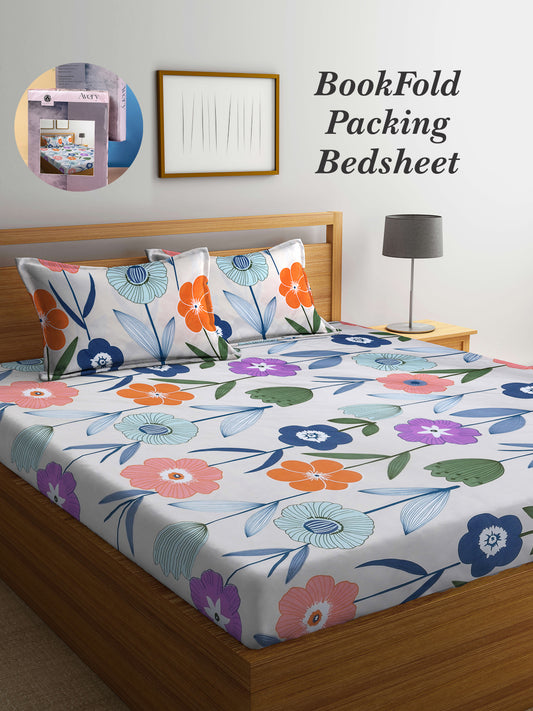 Arrabi Multi Floral TC Cotton Blend King Size Bookfold Bedsheet with 2 Pillow Covers (250 X 215 cm)