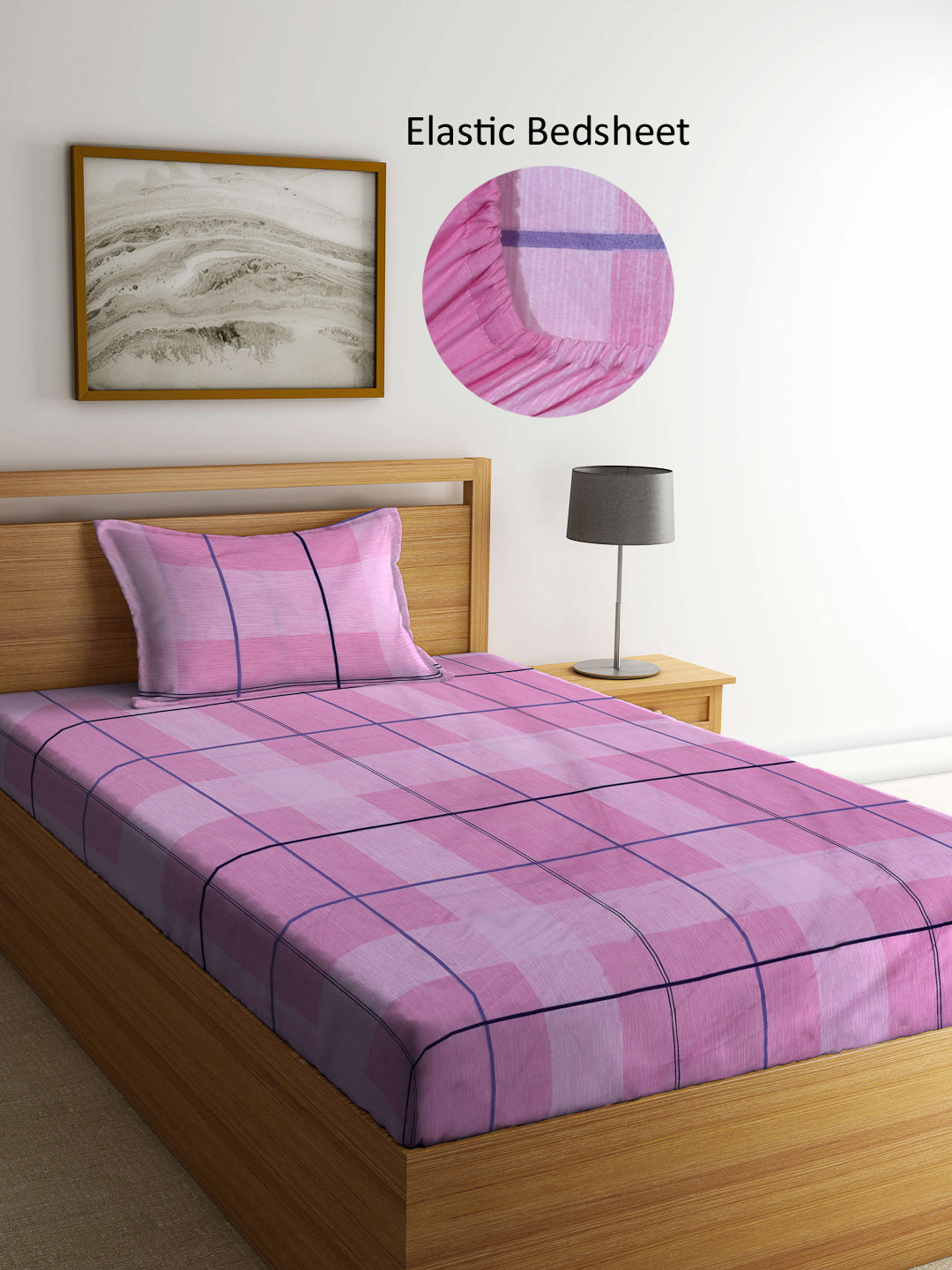 Arrabi Pink Stripes TC Cotton Blend Single Size Fitted Bedsheet with 1 Pillow Cover (215 X 150 cm)