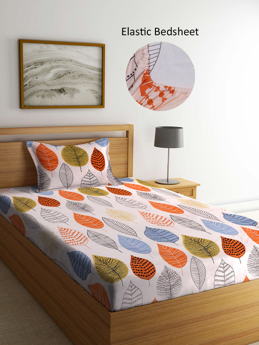 Arrabi Peach Leaf TC Cotton Blend Single Size Fitted Bedsheet with 1 Pillow Cover (215 X 150 cm)