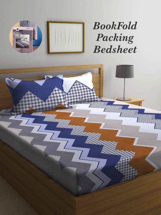 Arrabi Multi Graphic TC Cotton Blend Super King Size Bookfold Bedsheet with 2 Pillow Covers (270 X 260 cm)