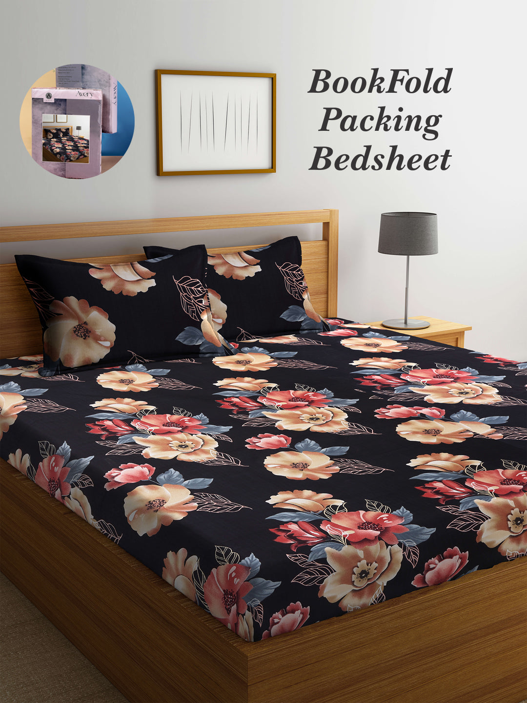 Arrabi Black Floral TC Cotton Blend King Size Bookfold Bedsheet with 2 Pillow Covers (250 X 220 cm)