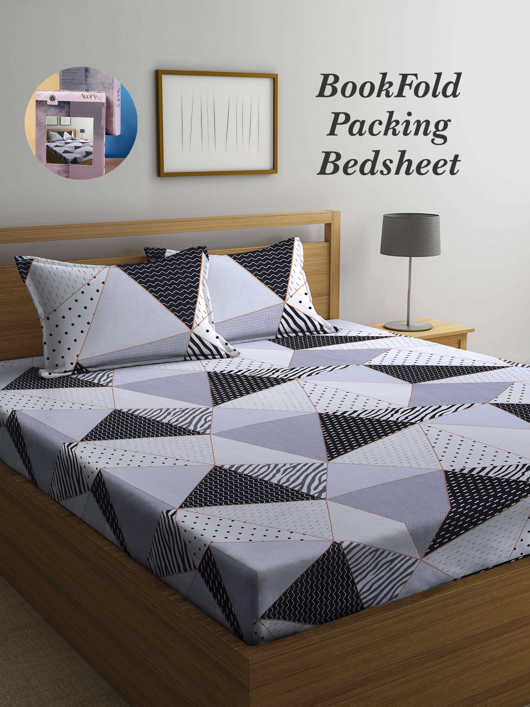 Arrabi Grey Geometric TC Cotton Blend Super King Size Bookfold Bedsheet with 2 Pillow Covers (270 X 260 cm)