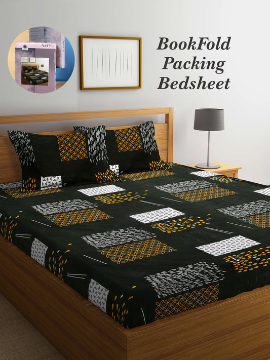 Arrabi Green Abstract TC Cotton Blend King Size Bookfold Bedsheet with 2 Pillow Covers (250 X 215 cm)