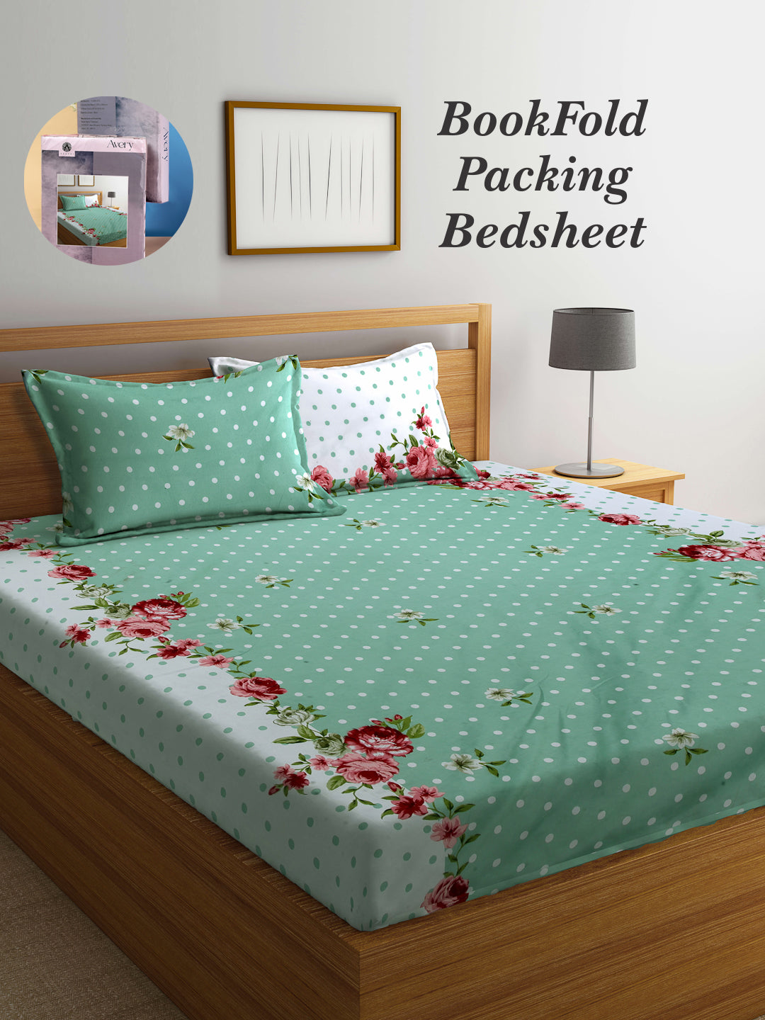 Arrabi Green Floral TC Cotton Blend King Size Bookfold Bedsheet with 2 Pillow Covers (250 X 215 cm)