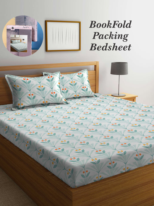 Arrabi Green Leaf TC Cotton Blend King Size Bookfold Bedsheet with 2 Pillow Covers (250 X 215 cm)