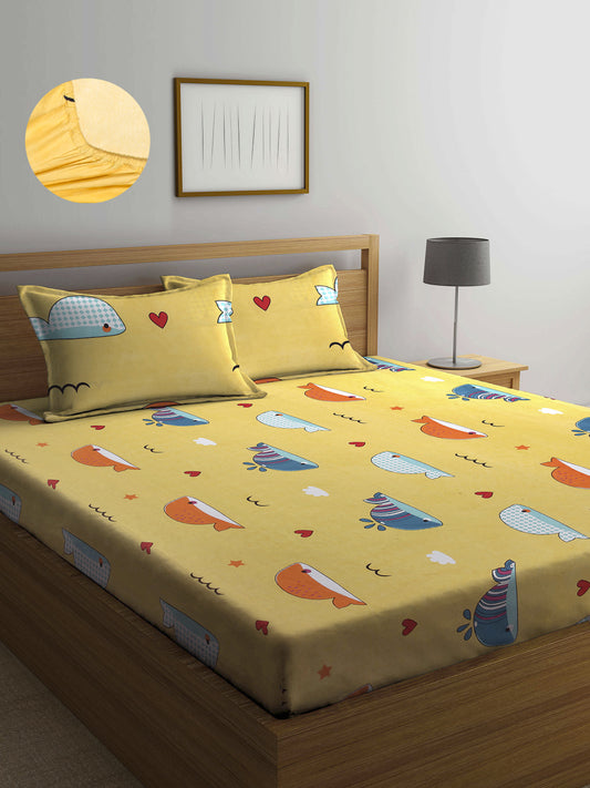 Arrabi Yellow Cartoon TC Cotton Blend King Size Fitted Bedsheet with 2 Pillow Covers (250 x 220 cm)