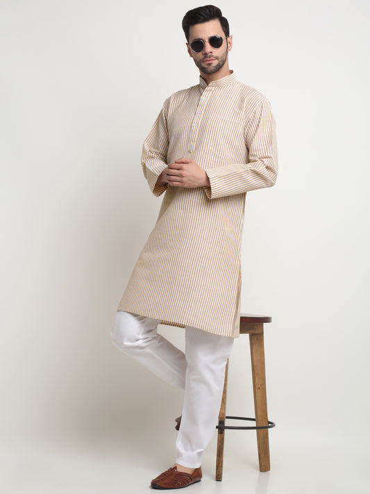 Arrabi Men Multi Pure Cotton Striped Kurta with Churidar Pyjama