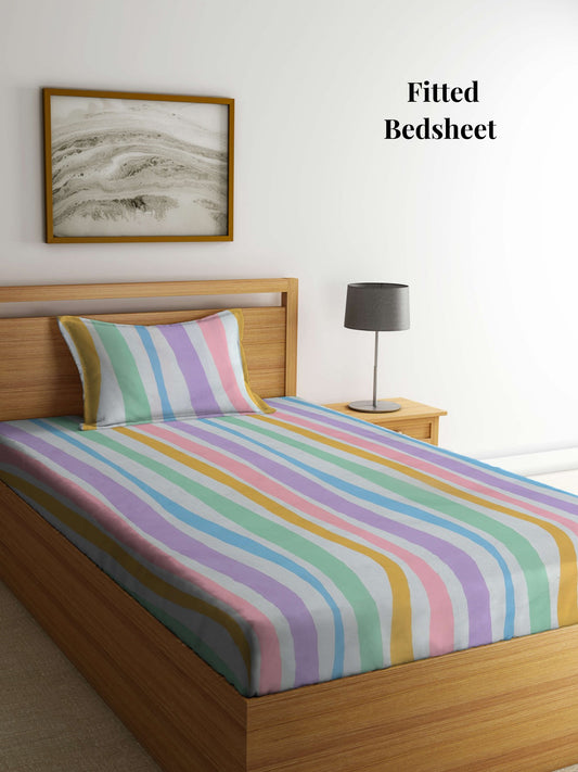 Arrabi Multi Stripes TC Cotton Blend Single Size Fitted Bedsheet with 1 Pillow Cover (215 x 150 cm)