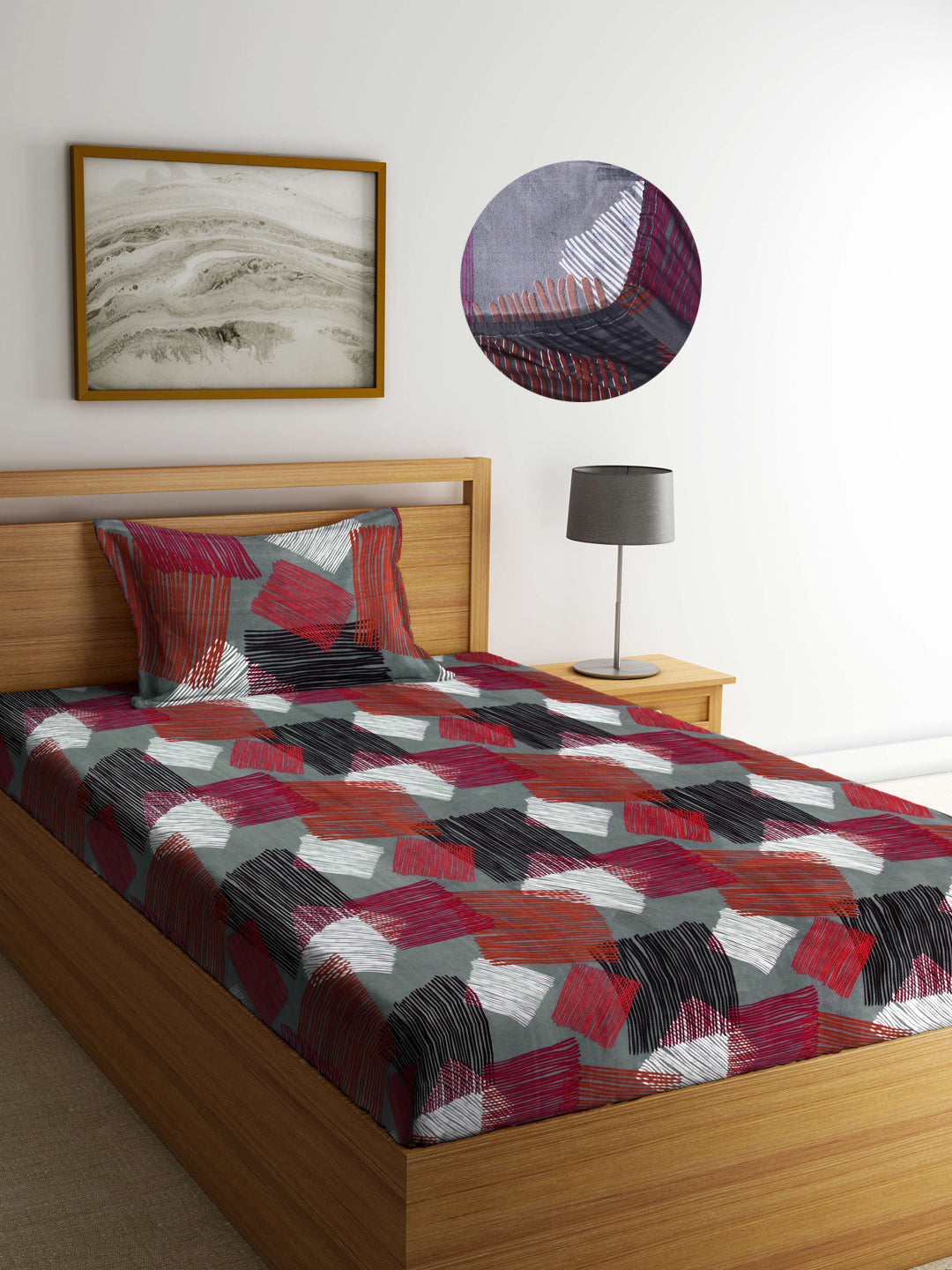 Arrabi Multi Abstract TC Cotton Blend Single Size Fitted Bedsheet with 1 Pillow Cover (220 X 150 cm)