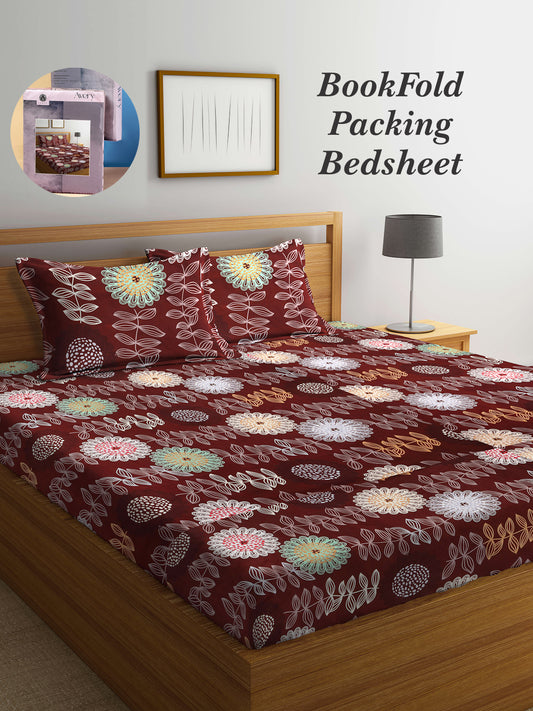 Arrabi Brown Floral TC Cotton Blend Super King Size Bookfold Bedsheet with 2 Pillow Covers (270 X 260 cm)