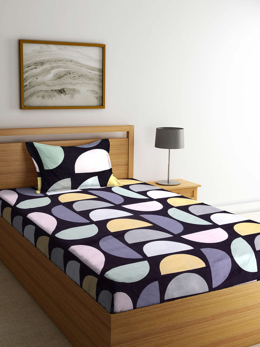 Arrabi Multi Geometric TC Cotton Blend Single Size Bedsheet with 1 Pillow Cover (215 x 150 cm)