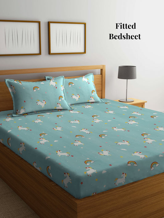 Arrabi Multi Kid's Cartoon TC Cotton Blend King Size Fitted Bedsheet with 2 Pillow Covers (250 X 215 Cm)