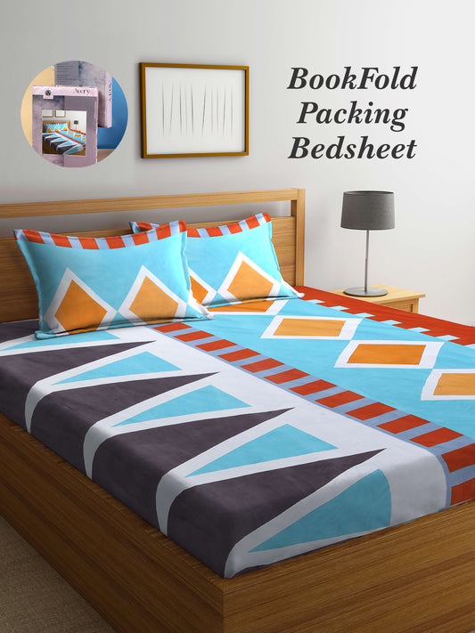 Arrabi Blue Geometric TC Cotton Blend King Size Bookfold Bedsheet with 2 Pillow Covers (250 X 215 cm)