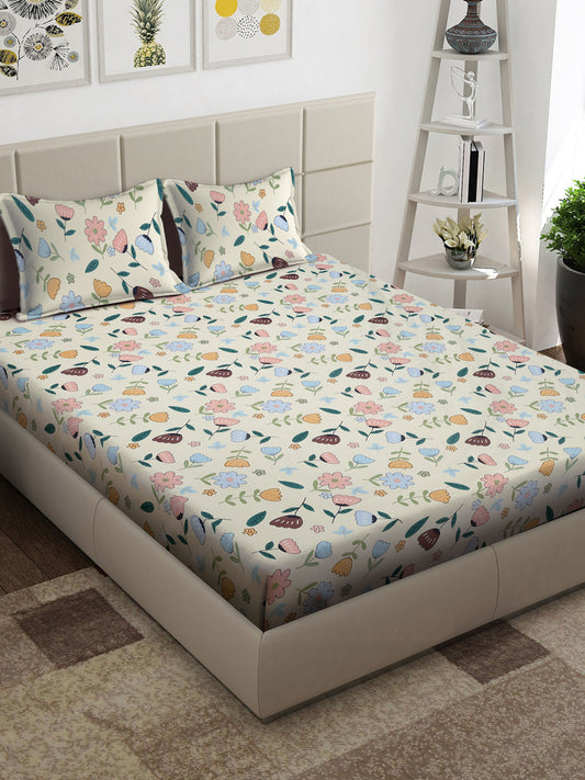 Arrabi Cream Floral TC Cotton Blend King Size Bedsheet with 2 Pillow Covers (250 x 215 cm)