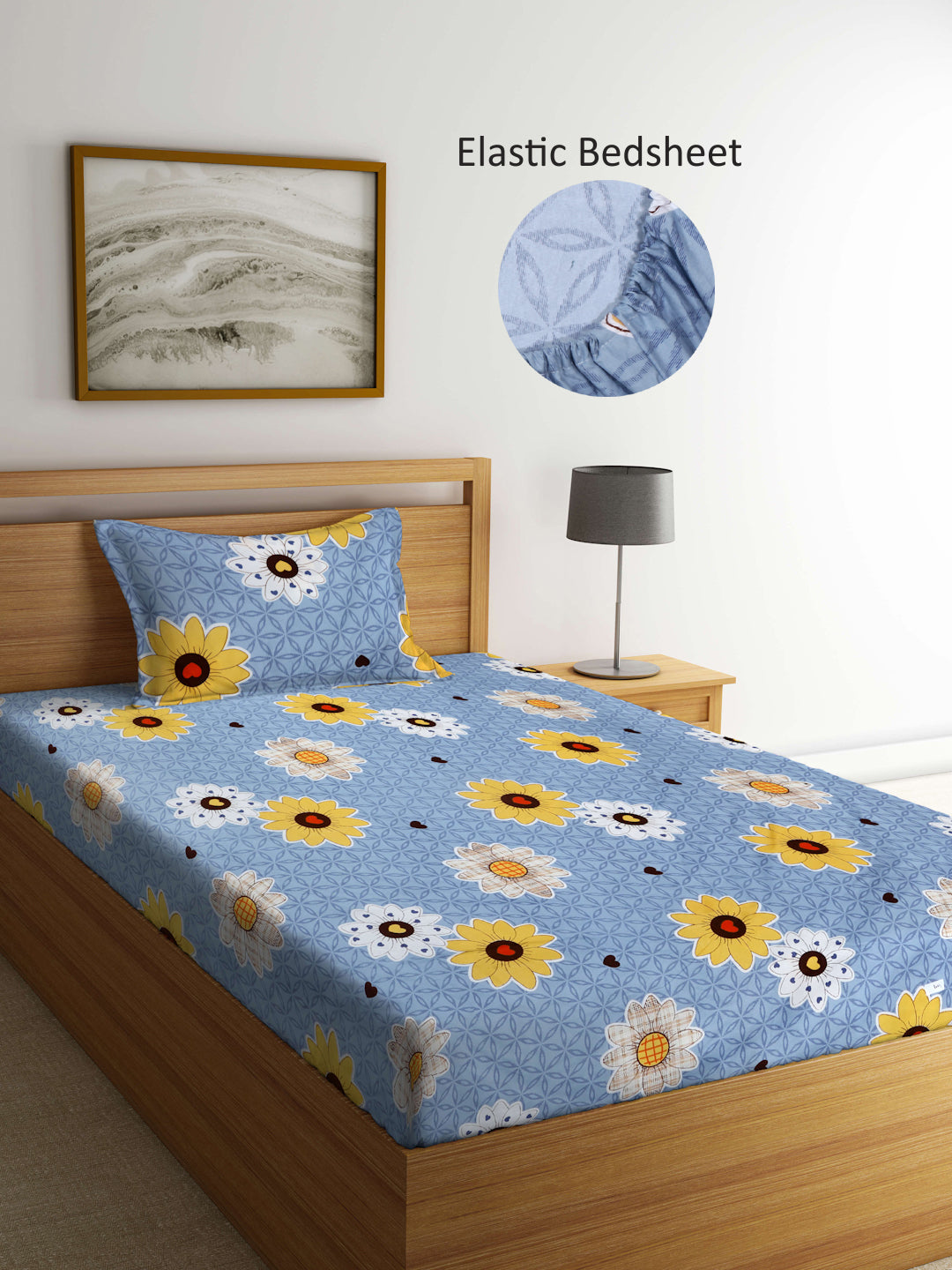 Arrabi Grey Floral TC Cotton Blend Single Size Fitted Bedsheet with 1 Pillow Cover (215 X 150 cm)