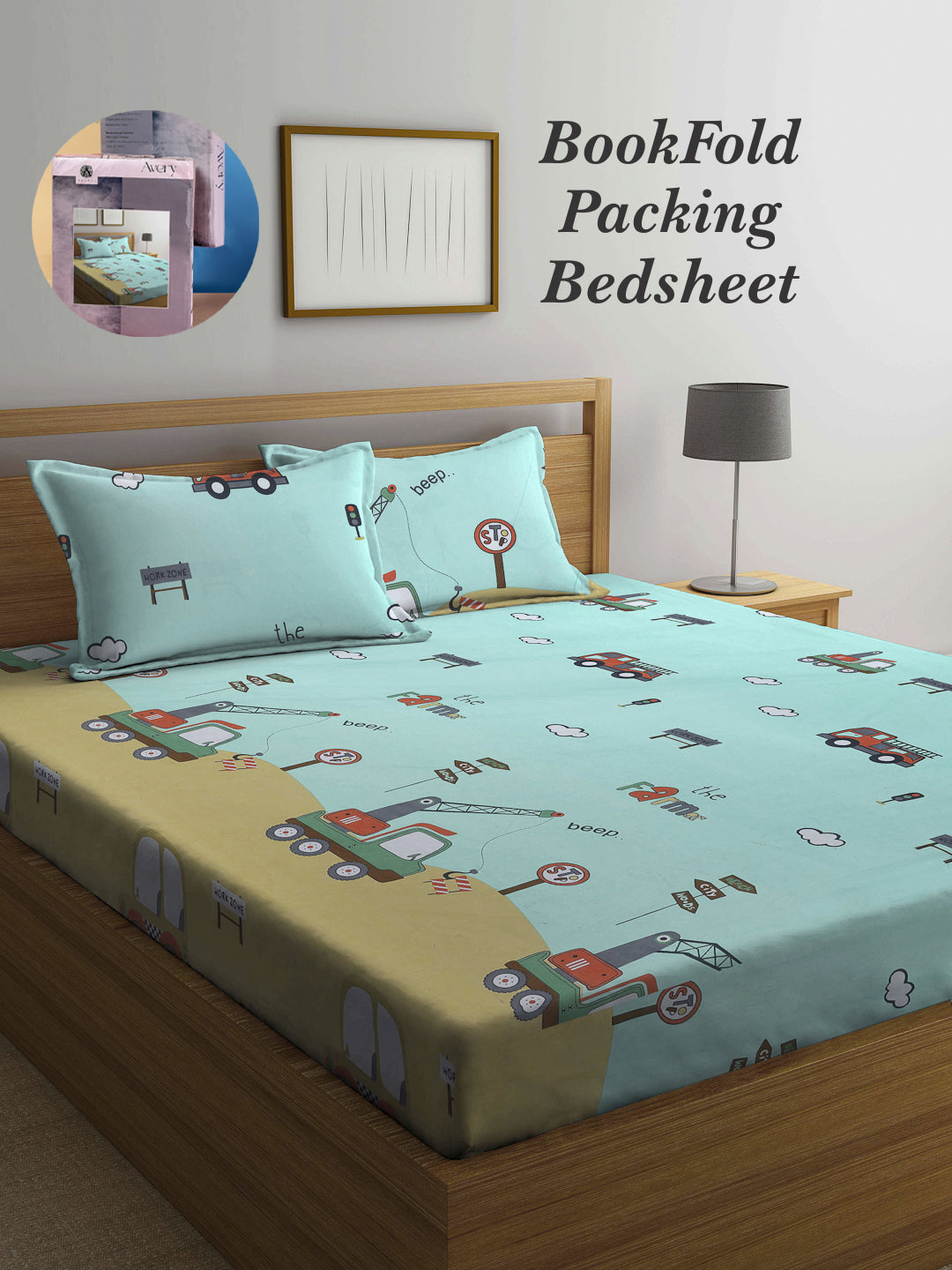 Arrabi Green Cartoon TC Cotton Blend King Size Bookfold Bedsheet with 2 Pillow Covers (250 X 220 cm)