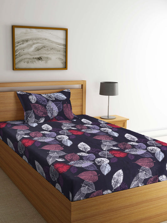 Arrabi Black Leaf TC Cotton Blend Single Size Bedsheet with 1 Pillow Cover (220 x 150 cm)