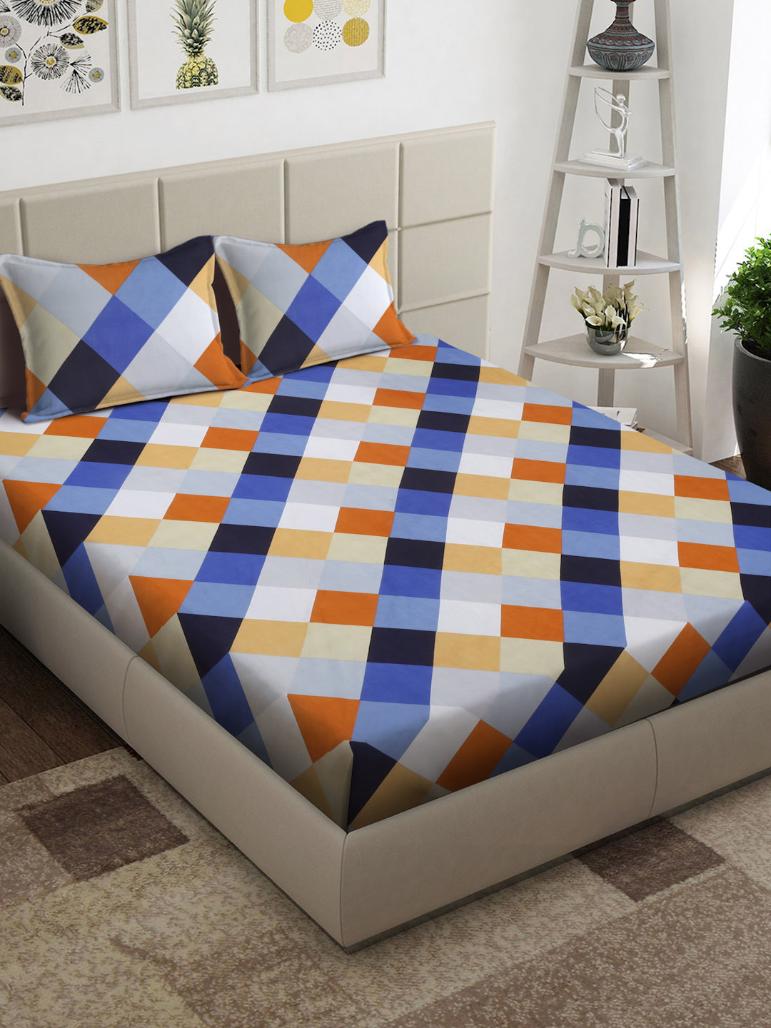 Arrabi Multi Geometric TC Cotton Blend King Size Bedsheet with 2 Pillow Covers (250 x 215 cm)