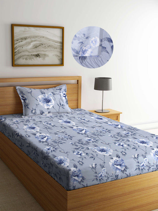 Arrabi Grey Floral TC Cotton Blend Single Size Fitted Bedsheet with 1 Pillow Cover (220 X 150 cm)