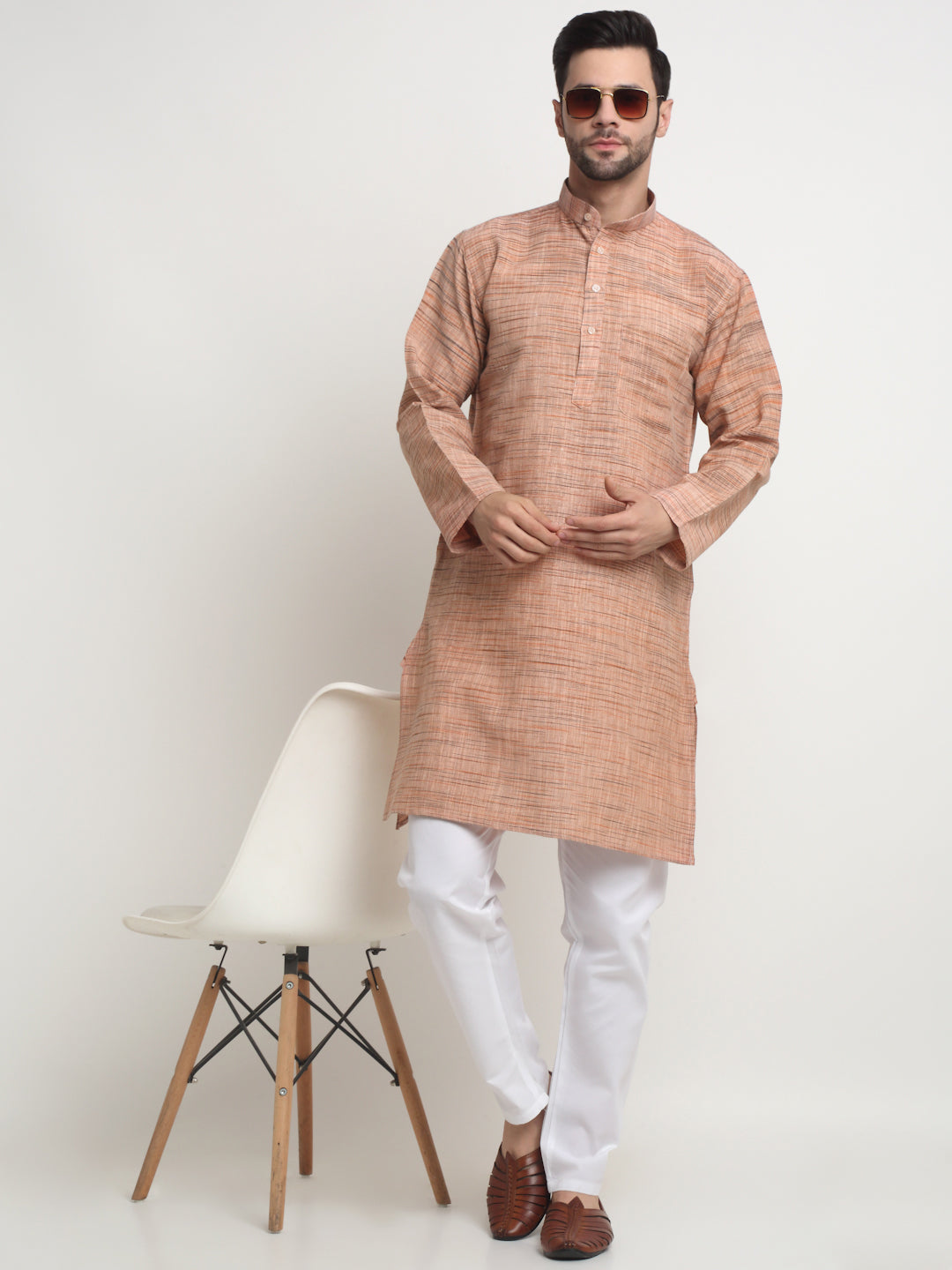 Arrabi Men Brown Pure Cotton Solid Kurta with Churidar Pyjama