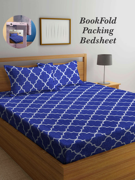 Arrabi Blue Indian TC Cotton Blend King Size Bookfold Bedsheet with 2 Pillow Covers (250 X 215 cm)