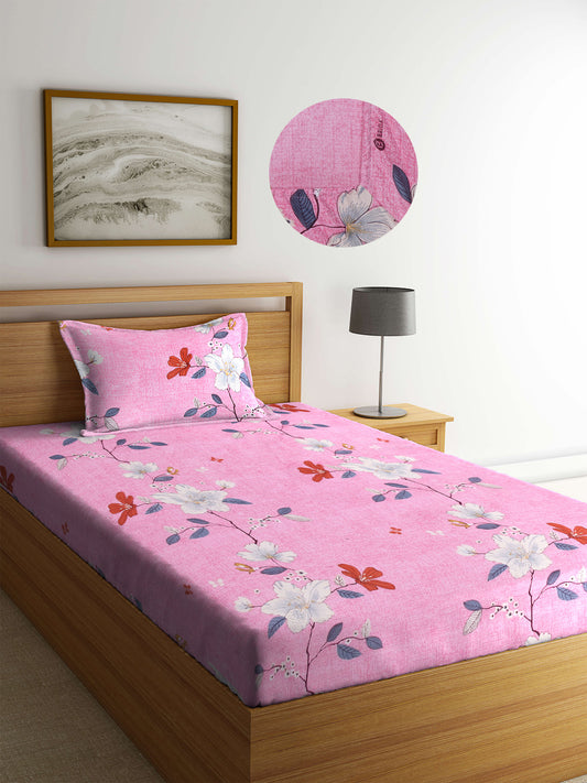 Arrabi Pink Floral TC Cotton Blend Single Size Fitted Bedsheet with 1 Pillow Cover (220 X 150 cm)