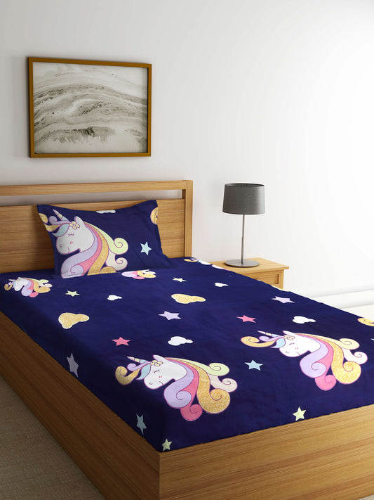 Arrabi Blue Cartoon TC Cotton Blend Single Size Bedsheet with 1 Pillow Cover (215 x 150 cm)