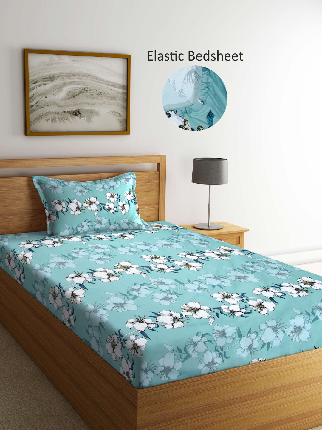 Arrabi Green Floral TC Cotton Blend Single Size Fitted Bedsheet with 1 Pillow Cover (215 X 150 cm)