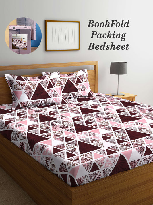 Arrabi Multi Geometric TC Cotton Blend Super King Size Bookfold Bedsheet with 2 Pillow Covers (270 X 260 cm)
