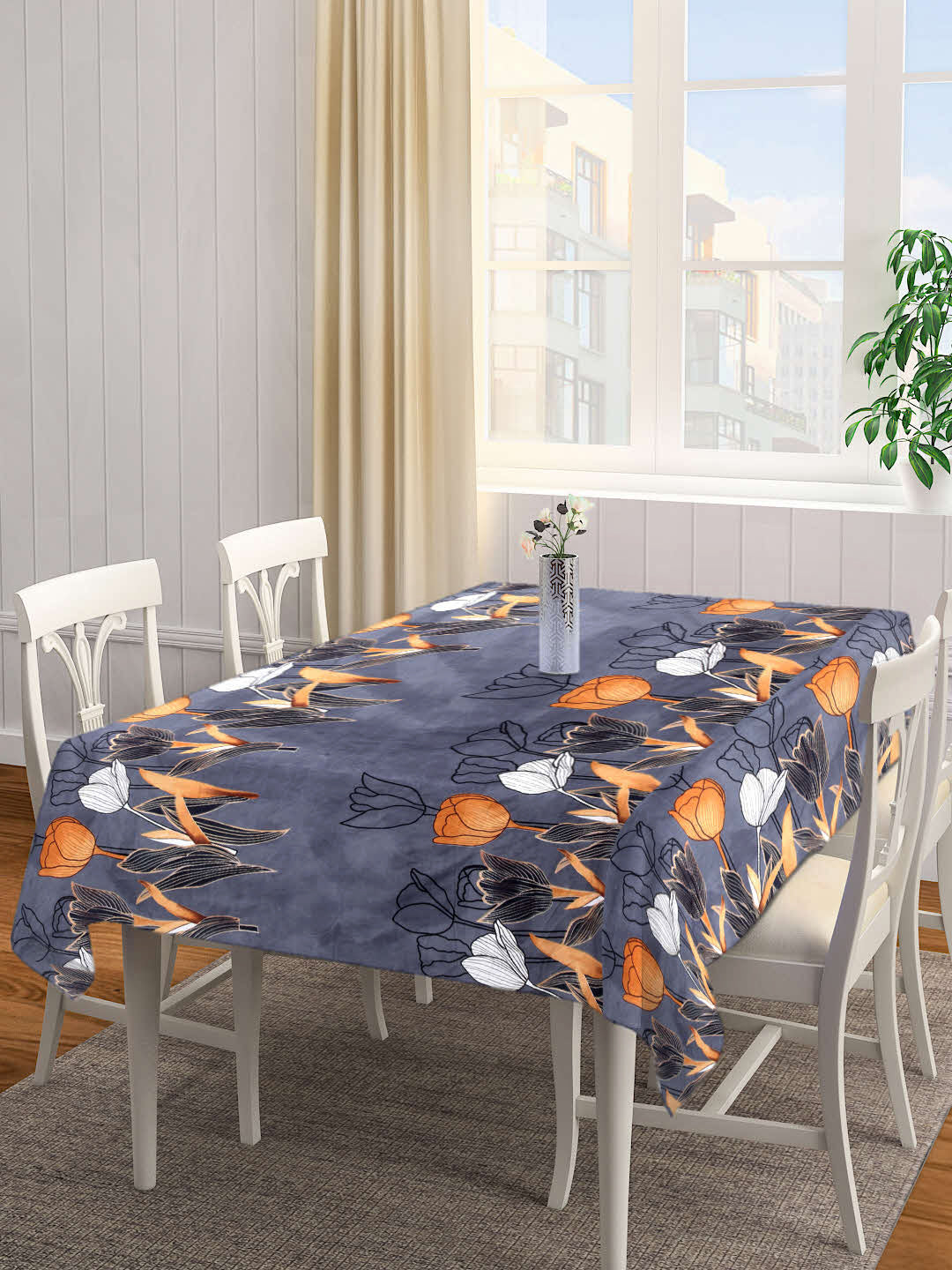 Arrabi Grey Floral Cotton Blend 8 SEATER Table Cover (215 X 150 cm)