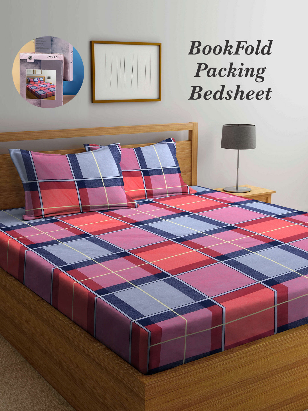 Arrabi Multi Checks TC Cotton Blend King Size Bookfold Bedsheet with 2 Pillow Covers (250 X 215 cm)