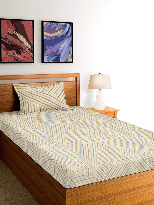 Arrabi Beige Stripes TC Cotton Blend Single Size Bedsheet with 1 Pillow Cover (215 x 150 cm)