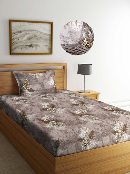 Arrabi Brown Floral TC Cotton Blend Single Size Fitted Bedsheet with 1 Pillow Cover (220 X 150 cm)