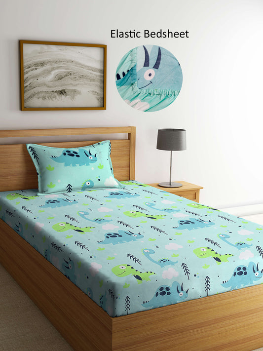 Arrabi Green Cartoon TC Cotton Blend Single Size Fitted Bedsheet with 1 Pillow Cover (215 X 150 cm)