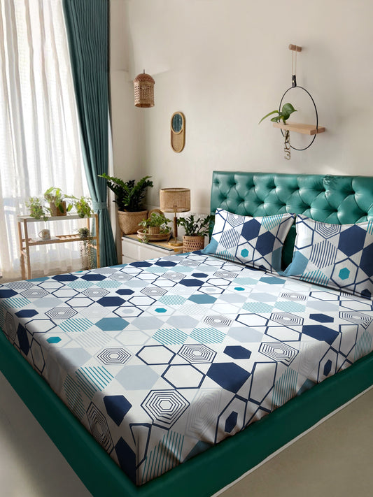 Arrabi White Geometric TC Cotton Blend King Size Bedsheet with 2 Pillow Covers (250 x 215 cm)