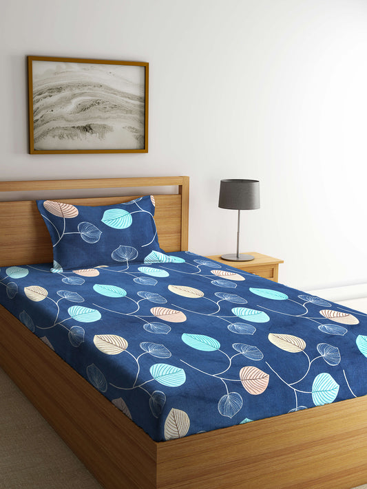 Arrabi Blue Leaf TC Cotton Blend Single Size Bedsheet with 1 Pillow Cover (215 x 150 cm)