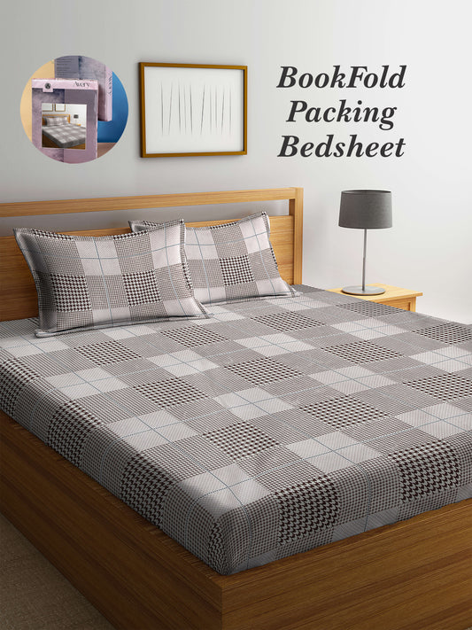 Arrabi Brown Checks TC Cotton Blend King Size Bookfold Bedsheet with 2 Pillow Covers (250 X 220 cm)