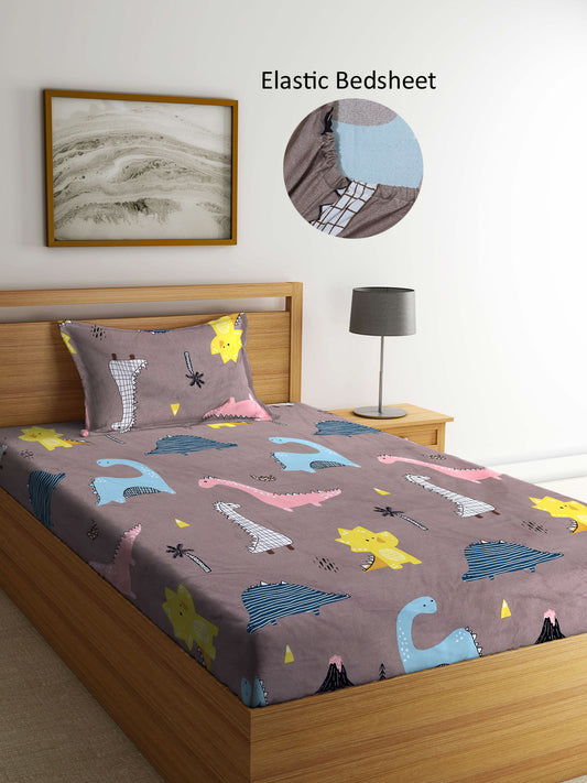 Arrabi Brown Cartoon TC Cotton Blend Single Size Fitted Bedsheet with 1 Pillow Cover (215 X 150 cm)