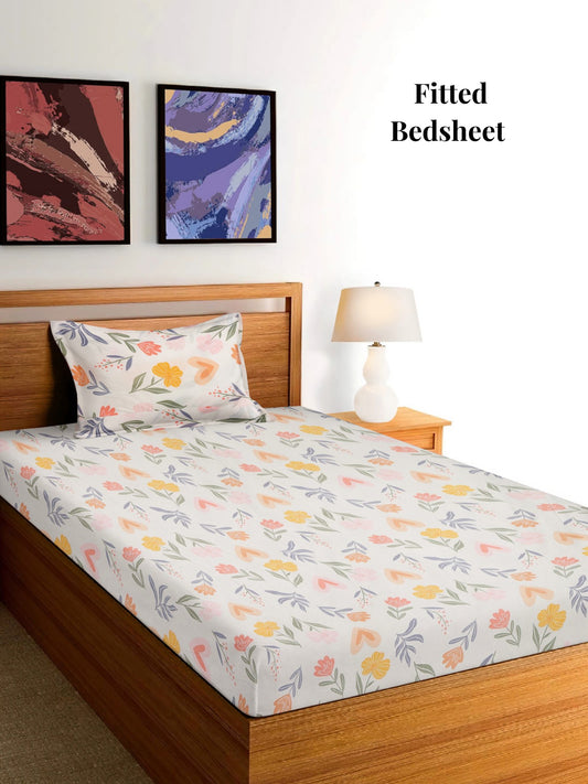 Arrabi Cream Floral TC Cotton Blend Single Size Fitted Bedsheet with 1 Pillow Cover (215 x 150 cm)