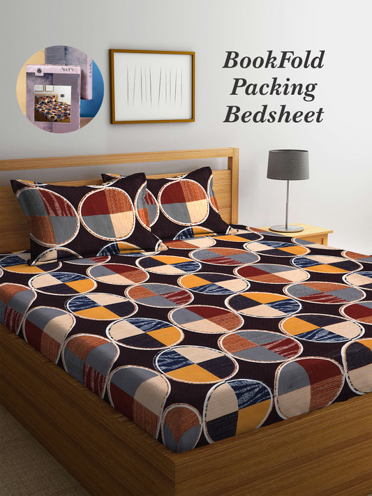 Arrabi Multi Geometric TC Cotton Blend King Size Bookfold Bedsheet with 2 Pillow Covers (250 X 220 cm)