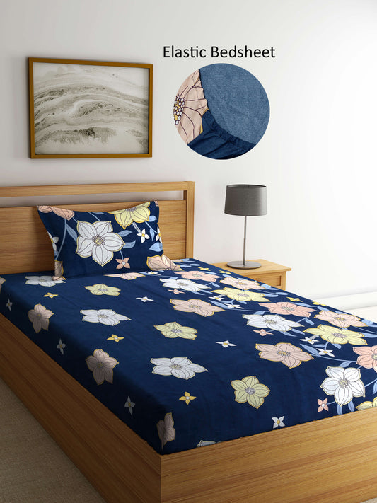 Arrabi Blue Floral TC Cotton Blend Single Size Fitted Bedsheet with 1 Pillow Cover (215 X 150 cm)