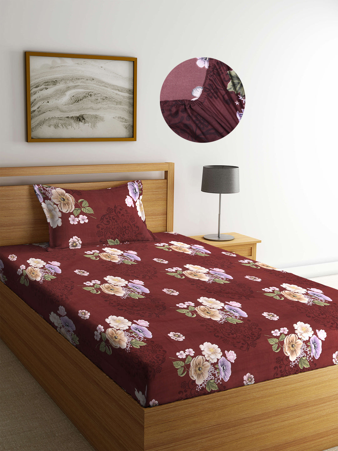 Arrabi Brown Floral TC Cotton Blend Single Size Fitted Bedsheet with 1 Pillow Cover (220 X 150 cm)