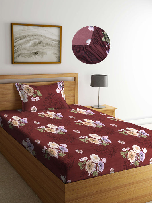 Arrabi Brown Floral TC Cotton Blend Single Size Fitted Bedsheet with 1 Pillow Cover (220 X 150 cm)