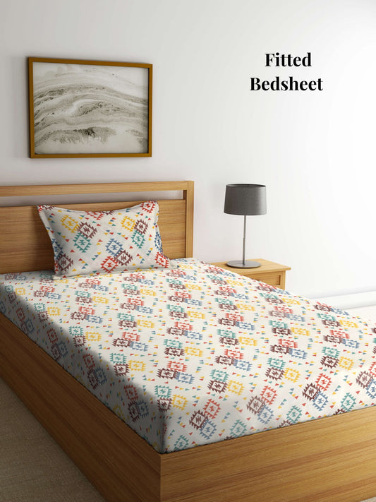 Arrabi Cream Geometric TC Cotton Blend Single Size Fitted Bedsheet with 1 Pillow Cover (215 x 150 cm)