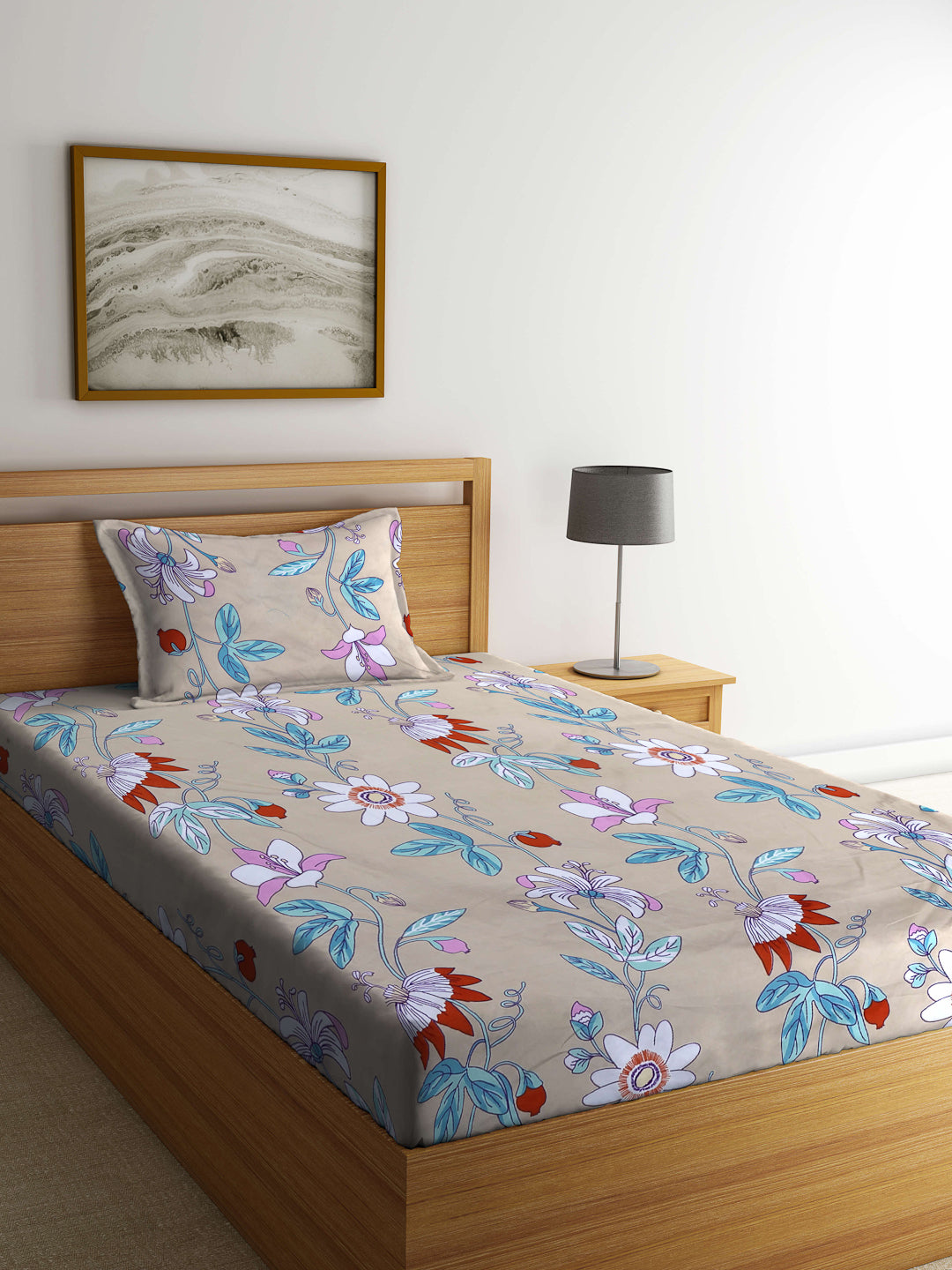 Arrabi Brown Floral TC Cotton Blend Single Size Bedsheet with 1 Pillow Cover (215 x 150 cm)