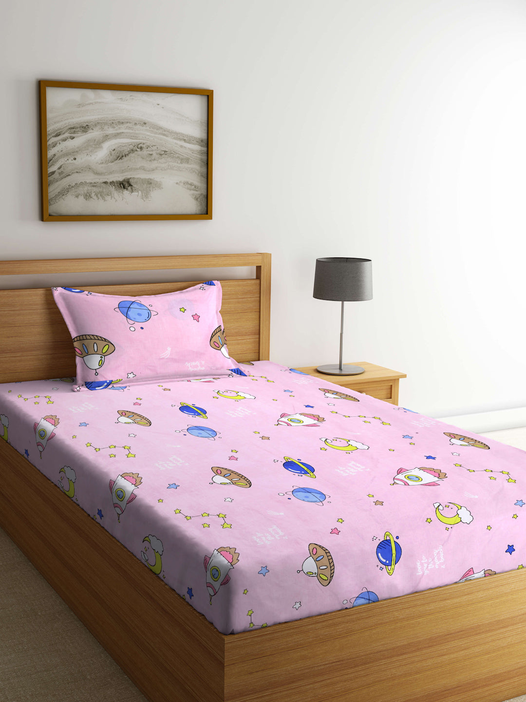 Arrabi Pink Cartoon TC Cotton Blend Single Size Bedsheet with 1 Pillow Cover (215 X 150 cm)