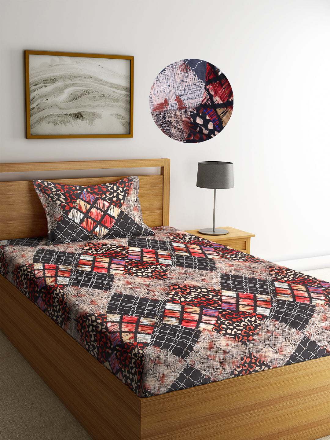 Arrabi Multi Abstract TC Cotton Blend Single Size Fitted Bedsheet with 1 Pillow Cover (220 X 150 cm)