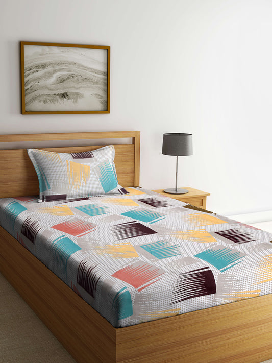 Arrabi Multi Abstract TC Cotton Blend Single Size Bedsheet with 1 Pillow Cover (215 x 150 cm)