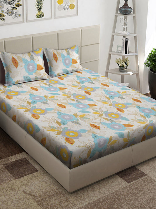 Arrabi Multi Floral TC Cotton Blend King Size Bedsheet with 2 Pillow Covers (250 x 215 cm)